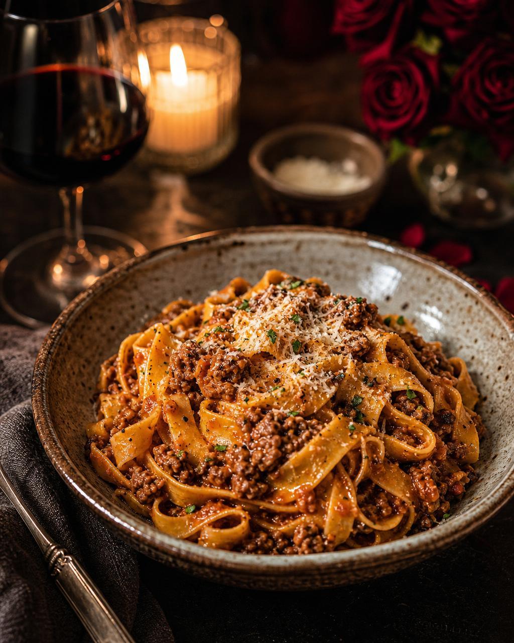 Candlelit plate of tagliatelle al ragù with a glass of red wine